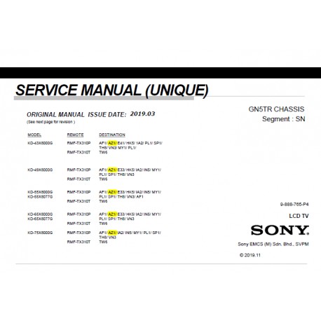 Sony KD-43X8000G / KD-49X8000G / KD-55X8000G / KD-65X8000G / KD-75X8000G TV Service Manual
