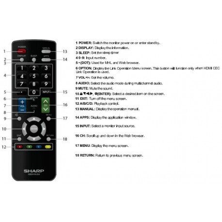 Sharp Television / Display Monitor GB244WJSA Remote
